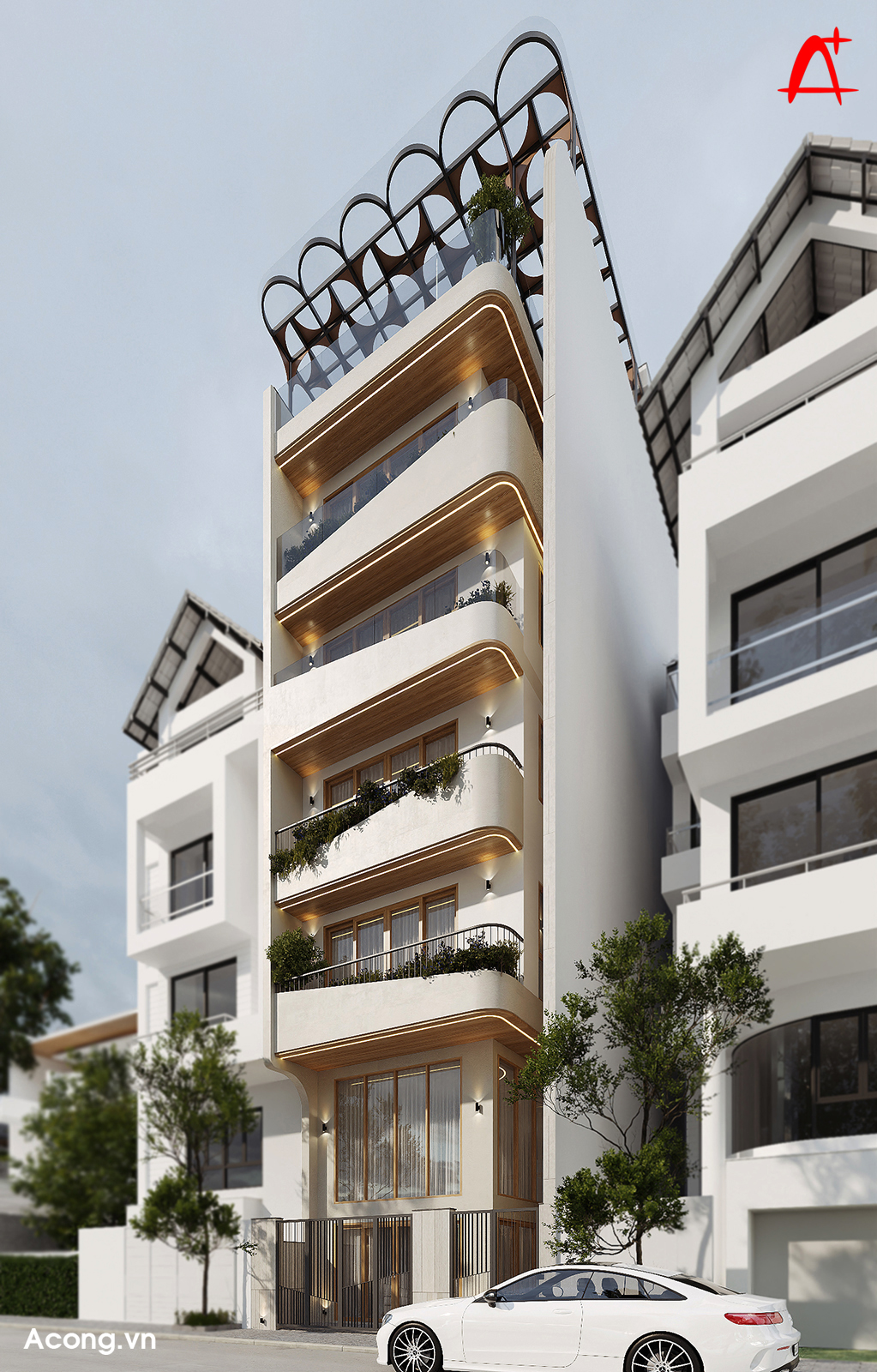 Các lớp ban công cong kết hợp lam gỗ và cây xanh tạo chiều sâu, giúp mặt đứng sinh động và có nhịp điệu.